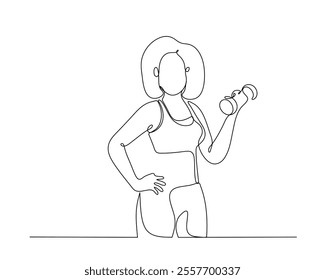 Continuous line drawing of a person lifting a dumbbell, wearing workout attire. Minimalist fitness illustration, perfect for health and exercise themes.