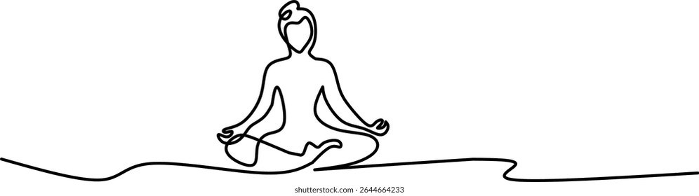 continuous line drawing of a person meditating in lotus pose. Simple, peaceful design representing mindfulness, yoga, inner peace, and spiritual balance.