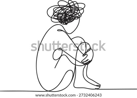 Continuous line drawing of a person with messy thoughts above their head, symbolizing stress and anxiety. This illustration represents mental health struggles, emotional distress, confusion, and overwhelming feelings. It conveys concept of depression, panic attacks, and inner turmoil.