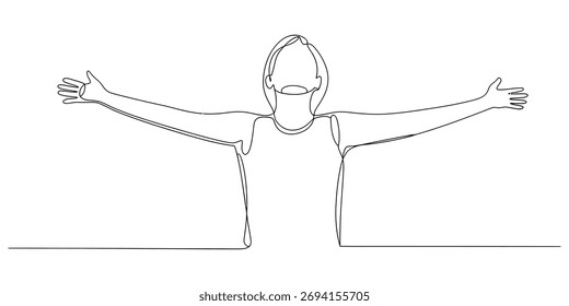 Continuous line drawing of a person with open arms expressing freedom joy and celebration vector art