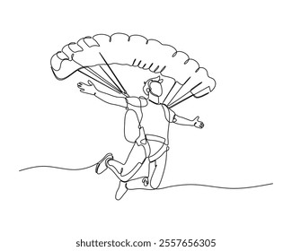 Continuous line drawing of a person parachuting, with arms outstretched and legs bent, capturing the dynamic moment of freefall and the adventure of skydiving in minimalist style