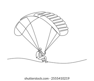 A continuous line drawing of a person paragliding, seated in a harness and holding onto the control lines of the fully inflated paraglider above. Ideal for adventure and outdoor activity themes