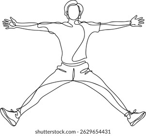 Continuous line drawing of a person performing a jumping jack with arms and legs spread, minimalist fitness motion energy illustration

