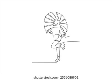 A continuous line drawing of a person playfully holding a large umbrella.