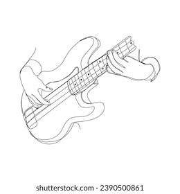 Continuous line drawing of a person playing on bass guitar, musician. Minimalist style vector illustration