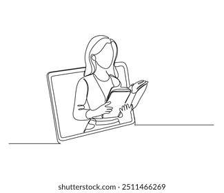 desenho em linha contínua de uma pessoa lendo um livro, emergindo de uma tela de laptop aberta. Isso representa o conceito de aprendizagem on-line ou a combinação de tecnologia e leitura tradicional