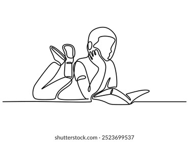 Continuous line drawing of a person reading a book while lying down. Portrays relaxation and the joy of reading in a minimalist style.