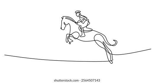 Continuous line drawing of a person riding a horse in equestrian jumping, showcasing the skill and precision required in the sport. Minimalist design vector illustration hand drawn.