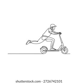 Un dibujo de línea continua de una persona que monta un scooter eléctrico