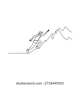 A continuous line drawing of a person running towards mountains