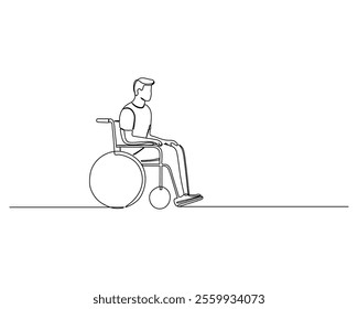 continuous line drawing of a person seated in a wheelchair, facing to the right, with hands on armrests and legs extended Ideal for themes of accessibility and inclusivity