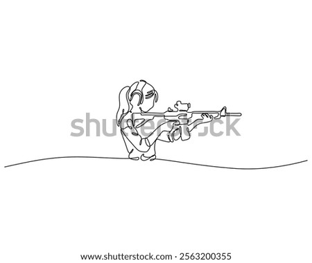 Continuous line drawing of a person in a seated position, aiming a rifle. The minimalist design captures the focus and precision required in shooting, emphasizing the elegance of the form.