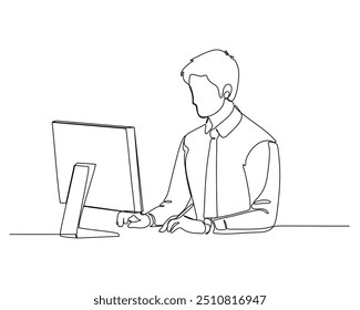 A continuous line drawing of a person sitting at a desk, using a computer. The individual is shown in profile view, facing the screen with hands on the keyboard. Minimalistic style