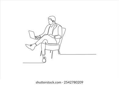 A continuous line drawing of a person sitting in a chair, working on a laptop.