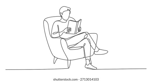 Dibujo de línea continuo de una persona sentada en un sillón leyendo un Vector de libro, ilustración
