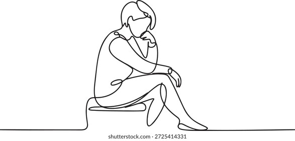 Dibujo de línea continua de una persona sentada con las piernas cruzadas, descansando la barbilla en la mano, transmitiendo el pensamiento o la contemplación, aislado en fondo transparente, estilo minimalista.