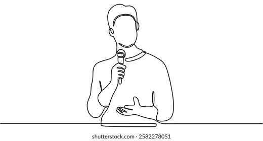 Continuous line drawing of Person speaking into a microphone. Symbol of presentation or public speaking. Vector illustration hand drawn.