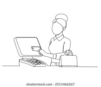 A continuous line drawing of a person standing at a checkout counter, holding a credit card and interacting with an open laptop on the counter. A purse or bag is also on the counter