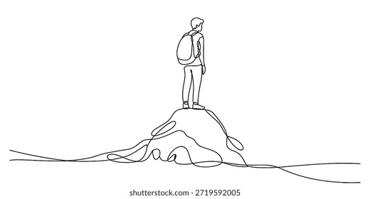 Um desenho de linha contínua de uma pessoa em pé em um pico de montanha, simbolizando viagem e aventura Vetor, ilustração