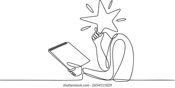 Continuous Line Drawing of a Person with a Star Head Reading a Notebook with Creative Idea