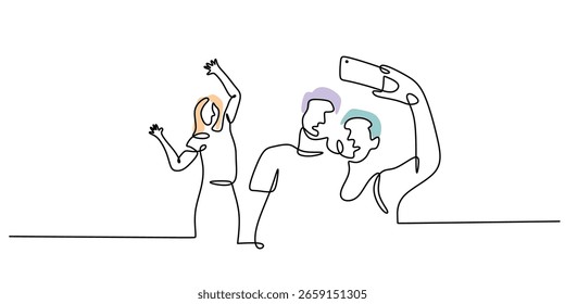 Continuous line drawing of a person taking a selfie with his friends. A minimalist illustration of self and community expression. Perfect for friendship day, group party, and millennials.
