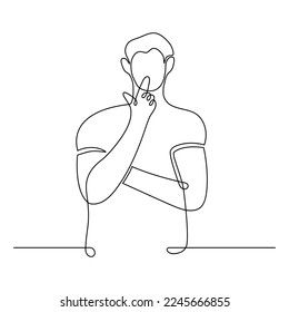 Continuous line drawing. A person thinking and holding his finger to his chin. Isolated on white background. Vector illustration.