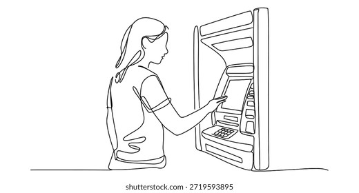 Continuous line drawing of a person using an automated teller machine for banking Vector, illustration
