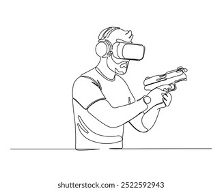 A continuous line drawing of a person with VR goggles and a VR controller, highlighting the immersive nature of modern technology and gaming experiences