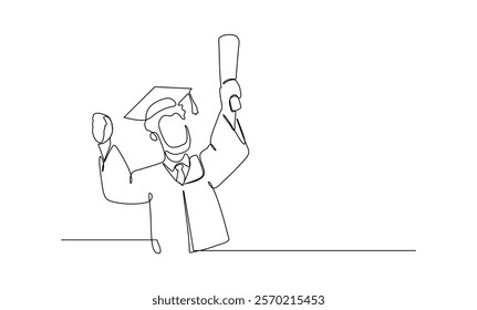 Continuous line drawing of a person wearing a graduation cap and gown, holding a diploma and raising a hand in celebration. Ideal for academic achievement and graduation themes