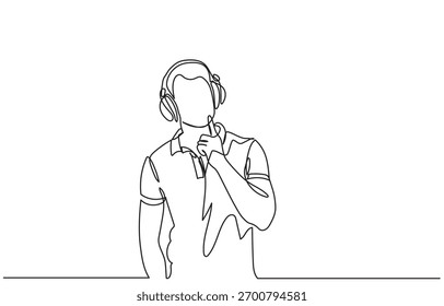 Continuous line drawing of a person wearing headphones and a polo shirt, standing thoughtfully with one hand touching their chin. Single line vector illustration. One line man with headphones.