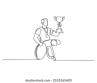 Desenho de linha contínua de uma pessoa em cadeira de rodas segurando um troféu e usando uma medalha. O estilo minimalista destaca conquista, perseverança e inclusividade em competições esportivas