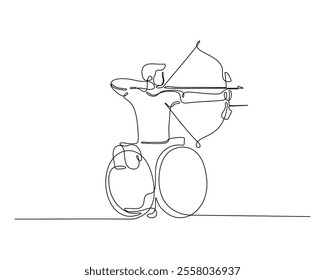 Continuous line drawing of a person in a wheelchair practicing archery, symbolizing determination, adaptive sports, and inclusion in minimalistic art.