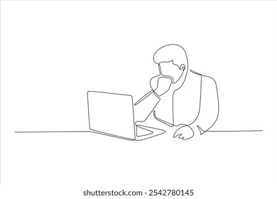 Un dibujo de línea continua de una persona que trabaja en una computadora portátil, profundamente en el pensamiento.
