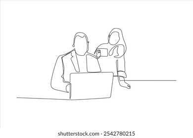 A continuous line drawing of a person working on a laptop with another holding a drink.