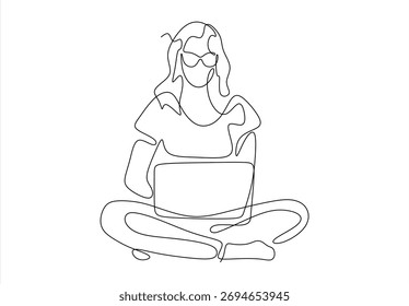 Continuous Line Drawing of a Person Working on a Laptop. continuous line drawing. Editable stroke.	

