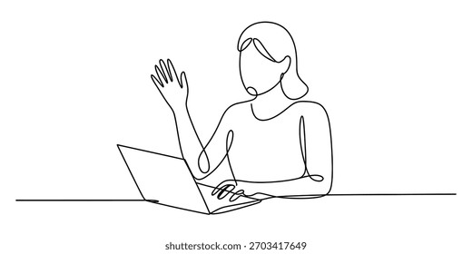 Dibujo de línea continuo de una persona que trabaja en una computadora portátil y agita la mano, que representa el trabajo remoto, la comunicación en línea, el saludo o la reunión virtual