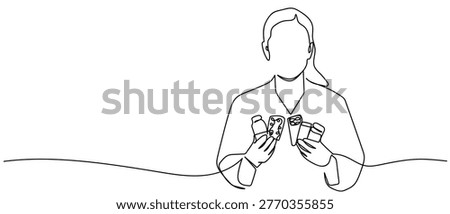 continuous line drawing of The pharmacist held a set of medications in his hand. vector illustration 