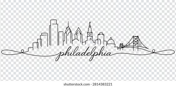 Continuous line drawing of the Philadelphia city skyline with the Ben Franklin Bridge and the word Philadelphia written in a cursive script style.