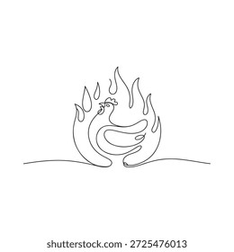 Um desenho em linha contínua de uma fênix emergindo de chamas girando