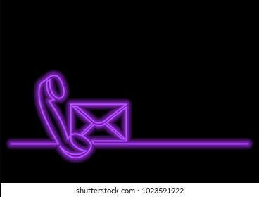 continuous line drawing of phone receiver and letter with neon vector effect