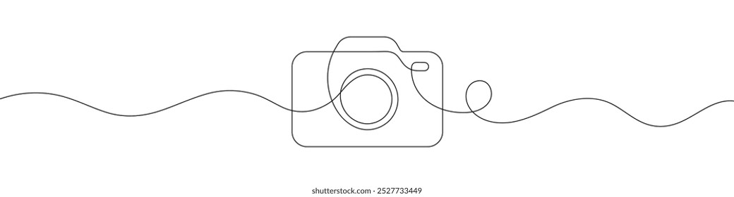 Continuous line drawing of photo camera icon. One line photography tool. Single line art. Vector illustration.