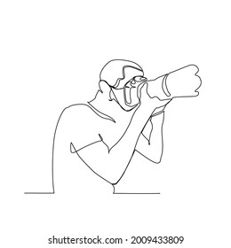 Continuous line drawing of photographer taking shot with the camera . Design element , poster, wall art concept design with active stroke.