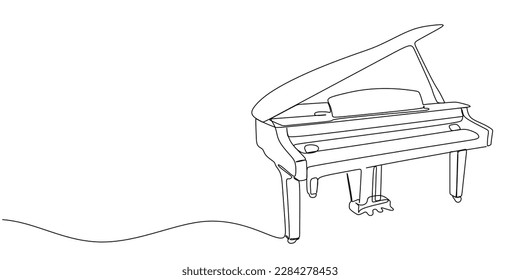 Continuous line drawing piano isolated on white background. Acoustic musical instrument pianoforte in one line art drawing. Piano minimal contour illustration. Vector