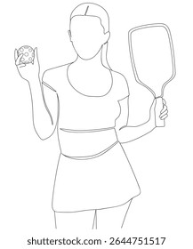 Desenho de linha contínua da mulher do jogador de pickleball em um vestido esportivo segurando uma raquete e uma bola em suas mãos, de pé em uma pose elegante. Mão desenhado ilustração mínima Isolado sobre fundo branco