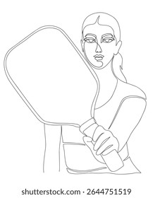 Desenho de linha contínua da menina do jogador de pickleball segurando a raquete em linha reta na frente dela. Monocromático um desenho de linha de mulher pickleball.