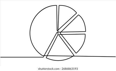 Continuous line drawing of pie chart and arrow growth up, business concept sketch object one line, Pie Chart Color Line Icon Design with Editable Stroke. Continuous line drawing of business growth.