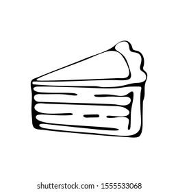 Continuous line drawing. Piece of cake in vector. Symbol of celebration isolated on white background. Wedding cake. Hand drawn illustration. Sweets for Valentine's day, birthday. Festive food icon