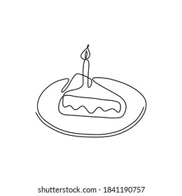 Continuous line drawing. A piece of cake on a plate. Birthday pie with one candle. Black isolated on white background. Hand drawn vector illustration. 