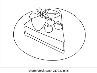 Dibujo continuo de un trozo de tarta. Ilustración de línea negra vectorial en un fondo blanco.