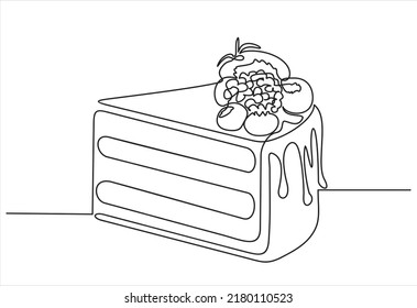 Continuous line drawing of a piece of cake. Vector black line illustration on a white background.